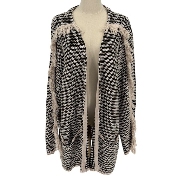 Knox Rose Sweaters - KNOX ROSE‎ Black White Striped Fringe Cardigan Pockets Open Front Est Size XXL